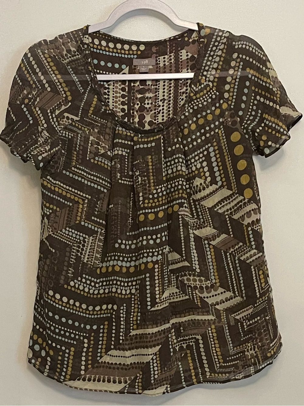 J. Jill Brown Geo Dot Scoop-Neck Short Sleeve  100% Silk Top